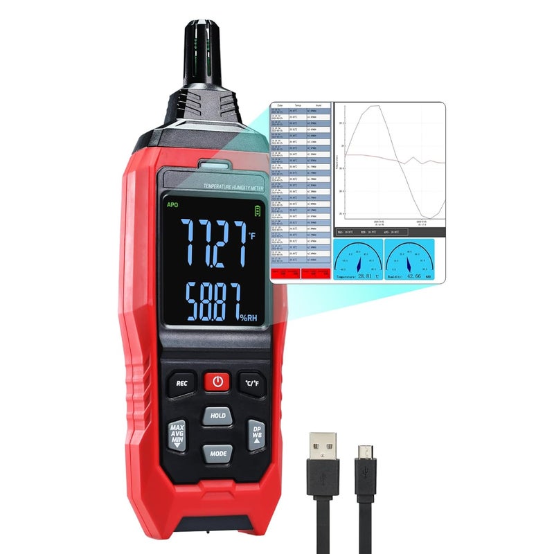 DANOPLUS Humidity and Temperature Meter Data Logger Digital Psychrometer HVAC, Wet Bulb Thermometer Record 4000pcs Data and Export, Large LCD Humidity Tester Dew Point Meter with Indicator and Buzzer Alarm - Image 1